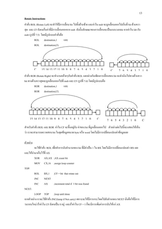 13 
Rotate Instructions 
คาสั่ง ROL (Rotate Left) จะทาให้มีการเลื่อน bit ไปทั้งด้านซ้าย และค่าใน msb จะถูกเลื่อนออกไปเก็บที่ bit ด้านขวา สุด และ CF ยังคงเก็บค่าที่มีการเลื่อนออกจาก msb ดังนั้นลักษณะของการเลื่อนจะเป็นแบบวงกลม จากค่าใน lsb กับ msb (รูปที่ 7.5) โดยมีรูปแบบคาสั่งคือ 
ROL destination,1 และ 
ROL destination,CL 
คาสั่ง ROR (Rotate Right) จะทางานคล้ายๆกับคาสั่ง ROL แตกต่างกันเพียงการเลื่อนของ bit จะดาเนินไปทางด้านขวา bit ทางด้านขวาสุดจะถูกเลื่อนออกไปที่ msb และ CF (รูปที่ 7.6) โดยมีรูปแบบคือ 
ROR destination,1 และ 
ROR destination,CL 
สาหรับคาสั่ง ROL และ ROR ค่าใน CF จะขึ้นอยู่กับ ค่าของ bit ที่ถูกเลื่อนออกไป ตัวอย่างต่อไปนี้จะแสดงให้เห็น ว่า เราจะสามารถตรวจสอบ bit ในชุดข้อมูลขนาด byte หรือ word โดยไม่มีการเปลี่ยนแปลงค่าข้อมูลเลย 
ตัวอย่าง 
จะใช้คาสั่ง ROL เพื่อทาการนับจานวนของ bit ที่มีค่าเป็น 1 ใน BX โดยไม่มีการเปลี่ยนแปลงค่า BX เลย และให้นามาเก็บไว้ที่ AX 
XOR AX,AX ;AX count bit 
MOV CX,16 ;assign loop counter 
TOP: 
ROL BX,1 ;CF = bit that rotate out 
JNC NEXT 
INC AX ;increment total if 1 bit was found 
NEXT: 
LOOP TOP ;loop until done 
จากตัวอย่าง เราจะใช้คาสั่ง JNC(Jump if Not carry) เพราะจะให้มีการกระโดดไปยังส่วนของ NEXT นั่นคือให้มีการ วนรอบใหม่ ถ้าค่าใน CF ยังคงเป็น 0 อยู่ และถ้าค่าใน CF = 1 ก็จะมีการเพิ่มค่าการนับให้แก่ AX 
CF 
15 
14 
13 
12 
11 
10 
9 
8 
7 
6 
5 
4 
3 
2 
1 
0 
CF 
7 
6 
5 
4 
3 
2 
1 
0 
CF 
15 
14 
13 
12 
11 
10 
9 
8 
7 
6 
5 
4 
3 
2 
1 
0 
CF 
7 
6 
5 
4 
3 
2 
1 
0  
