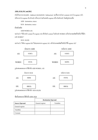 9 
ADD, SUB, INC and DEC 
คาสั่งในการบวก(ADD : Addition) และลบ(SUB : Subtraction) จะเป็นการนาเอา contents ระหว่าง register 2 ตัว หรือระหว่าง register กับ ตัวแปร หรือระหว่างตัวเลขกับ register หรือ กับตัวแปร โดยมีรูปแบบคือ 
ADD destination, source 
SUB destination, source 
ตัวอย่างเช่น 
ADD WORD1,AX 
จะอ่านว่า "ให้บวกค่า content ใน register AX เข้ากับค่า content ในตัวแปร WORD1 แล้วนาเอาผลลัพธ์ไปเก็บไว้ที่ตัว แปร WORD1" 
SUB AX,DX 
จะอ่านว่า "ให้เอา register DX ไปลบออกจาก register AX แล้วนาเอาผลลัพธ์ไปเก็บไว้ที่ register AX" 
รูปแสดงผลของการใช้คาสั่ง ADD WORD1, AX 
รูปแสดงผลของการใช้คาสั่ง SUB AX,DX 
ข้อห้ามของการใช้คาสั่ง ADD, SUB 
Destination Operand 
Source Operand 
General register 
Variables 
General register 
Variables 
Constant 
0006 
0008 
AX 
WORD1 
ก่อนการ ADD 
0008 
0006 
AX 
WORD1 
01BCh 
0523h 
01BCh 
06DFh 
หลังการ ADD 
0006 
0008 
AX 
DX 
ก่อนการ SUB 
0008 
0006 
AX 
DX 
0000h 
0001h 
FFFFh 
0001h 
หลังการ SUB  