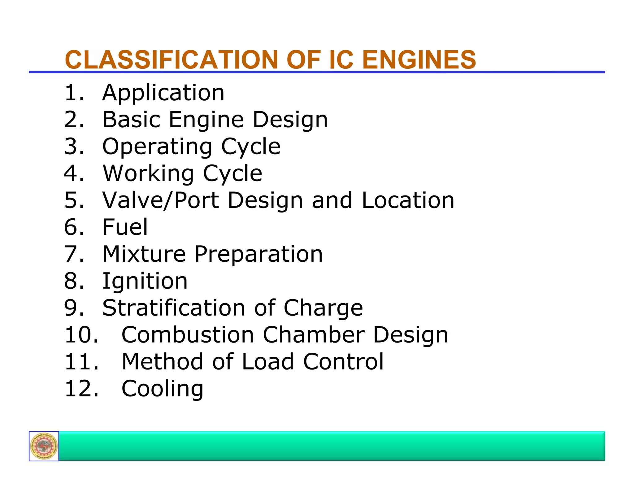 CLASSIFICATION OF IC ENGINES
1.
1 Application
2. Basic Engine Design
3. Operating Cycle
4. Working Cycle
5. Valve/Port Design and Location
6. Fuel
7. Mixture Preparation
8. Ignition
8 I iti
9. Stratification of Charge
10.
10 Combustion Chamber Design
11. Method of Load Control
12. Cooling
g

 