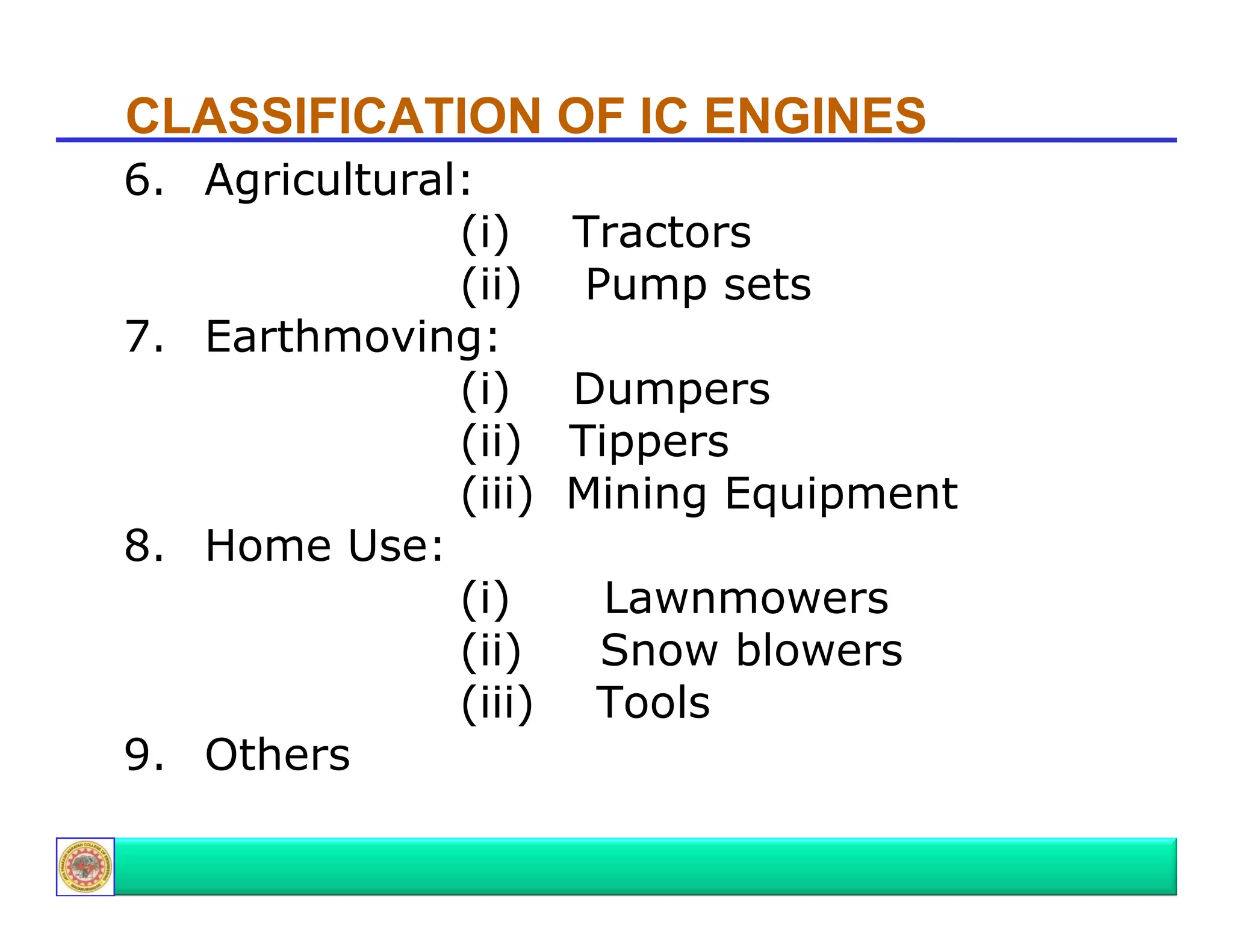 CLASSIFICATION OF IC ENGINES
6.
6 Agricultural:
(i)
(ii)
7. Earthmoving:
(i)
(ii)
(iii)
8. Home U
8 H
Use:
(i)
(ii)
(iii)
9. Others

Tractors
Pump sets
Dumpers
Tippers
Mining Equipment
Lawnmowers
Snow blowers
Tools

 