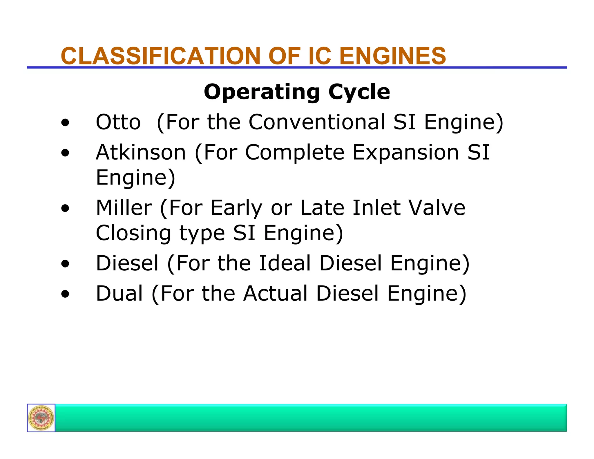 CLASSIFICATION OF IC ENGINES
•
•
•
•
•

Operating Cycle
O
ti
C l
Otto (For the Conventional SI Engine)
Atkinson (For Complete Expansion SI
Engine)
Miller (For Early
Mill (F E l or L t I l t Valve
Late Inlet V l
Closing type SI Engine)
Diesel (For the Ideal Di
Di
l (F th Id l Diesel Engine)
lE i )
Dual (For the Actual Diesel Engine)

 