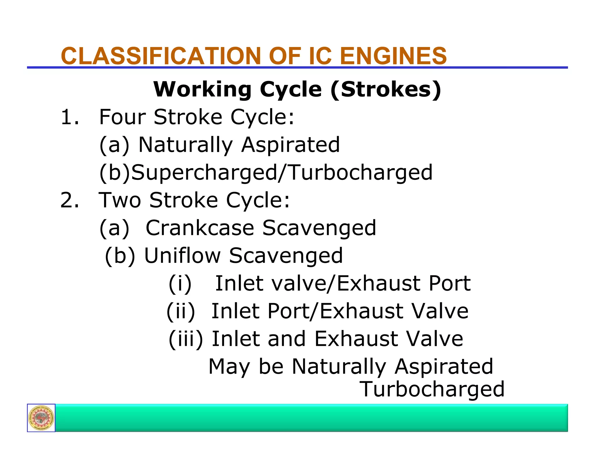 CLASSIFICATION OF IC ENGINES
Working C cle (St okes)
Wo king Cycle (Strokes)
1. Four Stroke Cycle:
(a) Naturally Aspirated
(b)Supercharged/Turbocharged
2.
2 Two Stroke Cycle:
(a) Crankcase Scavenged
(b) Uniflow Scavenged
(i) Inlet valve/Exhaust Port
(ii) Inlet Port/Exhaust Valve
(iii) Inlet and Exhaust Valve
ay b
a u a y sp a d
May be Naturally Aspirated
Turbocharged

 