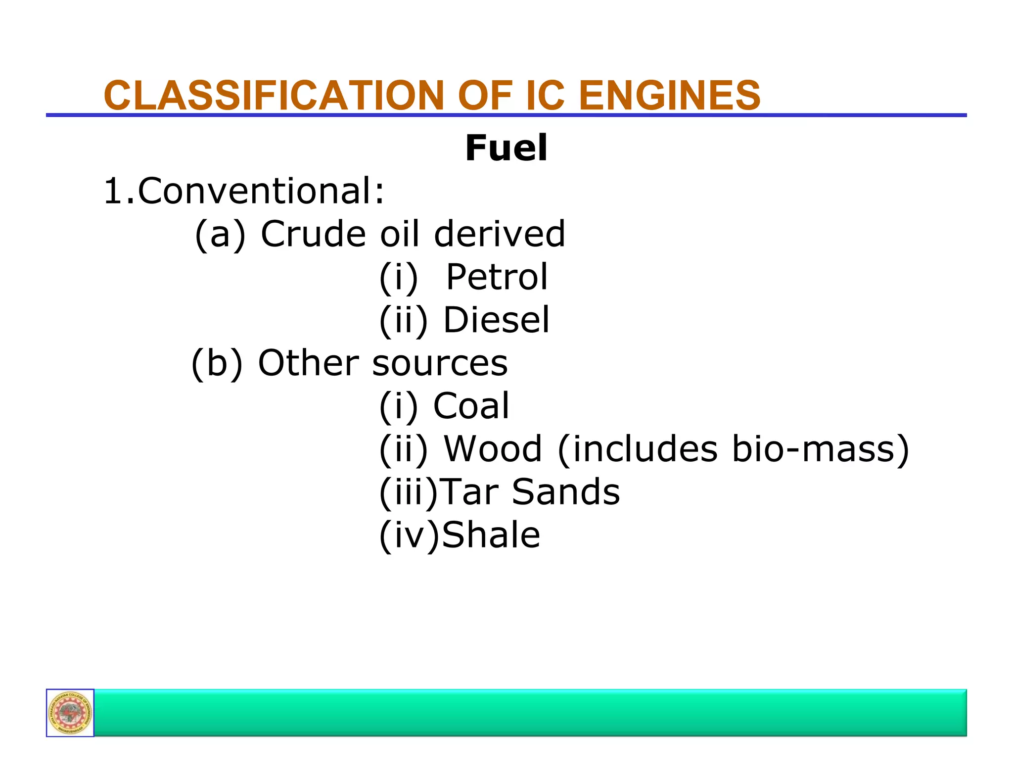 CLASSIFICATION OF IC ENGINES
Fuel

1.Conventional:
(a) Crude oil derived
(i) Petrol
(ii) Diesel
(b) Other sources
(i) Coal
(ii) Wood (i l d bi
W d (includes bio-mass)
)
(iii)Tar Sands
(iv)Shale

 
