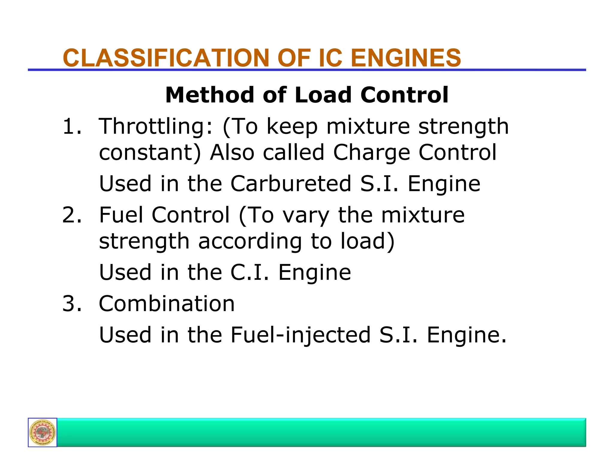 CLASSIFICATION OF IC ENGINES
Method f L d Control
M th d of Load C t l
1. Throttling: (To keep mixture strength
constant) Al called Ch
t t) Also ll d Charge Control
C t l
Used in the Carbureted S.I. Engine
2. Fuel C t l (To
2 F l Control (T vary th mixture
the i t
strength according to load)
Used in th C I E i
U d i the C.I. Engine
3. Combination
Used in the F l i j t d S.I. E i
U d i th Fuel-injected S I Engine.

 