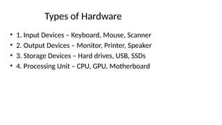 Types of Hardware
• 1. Input Devices – Keyboard, Mouse, Scanner
• 2. Output Devices – Monitor, Printer, Speaker
• 3. Storage Devices – Hard drives, USB, SSDs
• 4. Processing Unit – CPU, GPU, Motherboard
 