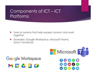 Components of ICT – ICT
Platforms
 Tools or systems that help people connect and work
together.
 Examples: Google Workspace, Microsoft Teams,
Zoom, Facebook.
 