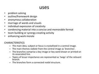 uses
• problem solving
• outline/framework design
• anonymous collaboration
• marriage of words and visuals
• individual expression of creativity
• condensing material into a concise and memorable format
• team building or synergy creating activity
• enhancing work morale
CHARACTERISTICS
– The main idea, subject or focus is crystallized in a central image.
– The main themes radiate from the central image as 'branches'.
– The branches comprise a key image or key word drawn or printed on
its associated line.
– Topics of lesser importance are represented as 'twigs' of the relevant
branch.
– The branches form a connected nodal structure.
 