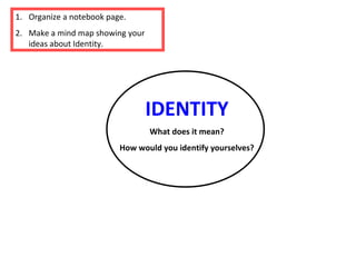 IDENTITY What does it mean? How would you identify yourselves? ,[object Object],[object Object]