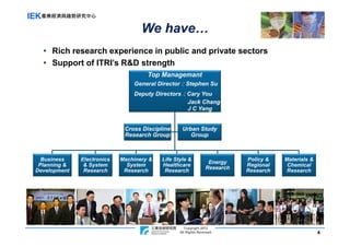 IEK產業經濟與趨勢研究中心
                                    We have…
   • Rich research experience in public and private sectors
   • Support of ITRI’s R&D strength
                                      Top Managemant
                                 General Director：Stephen Su
                                 Deputy Directors：Cary You
                                                  Jack Chang
                                                  J C Yang


                              Cross Discipline            Urban Study
                              Research Group                 Group



   Business    Electronics   Machinery &       Life Style &                      Policy &   Materials &
                                                                       Energy
  Planning &    & System       System          Healthcare                        Regional    Chemical
                                                                      Research
 Development    Research      Research          Research                         Research    Research




                                                          Copyright 2012
                                           ITRI Copyright Rights Reversed
                                                       All 2011                                           4
 