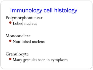 Immunology cell histology
Polymorphonuclear
Lobed nucleus
Mononuclear
Non-lobed nucleus
Granulocyte
Many granules seen in cytoplasm
 