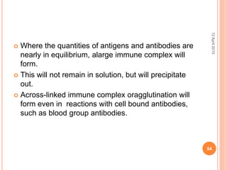  Where the quantities of antigens and antibodies are
nearly in equilibrium, alarge immune complex will
form.
 This will not remain in solution, but will precipitate
out.
 Across-linked immune complex oragglutination will
form even in reactions with cell bound antibodies,
such as blood group antibodies.
12April2015
54
 