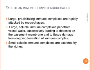 FATE OF AN IMMUNE COMPLEX AGGREGATION
 Large, precipitating immune complexes are rapidly
attacked by macrophages.
 Large, soluble immune complexes penetrate
vessel walls, successively leading to deposits on
the basement membrane and to tissue damage
from ongoing formation of immune complex.
 Small soluble immune complexes are excreted by
the kidney.
12April2015
55
 