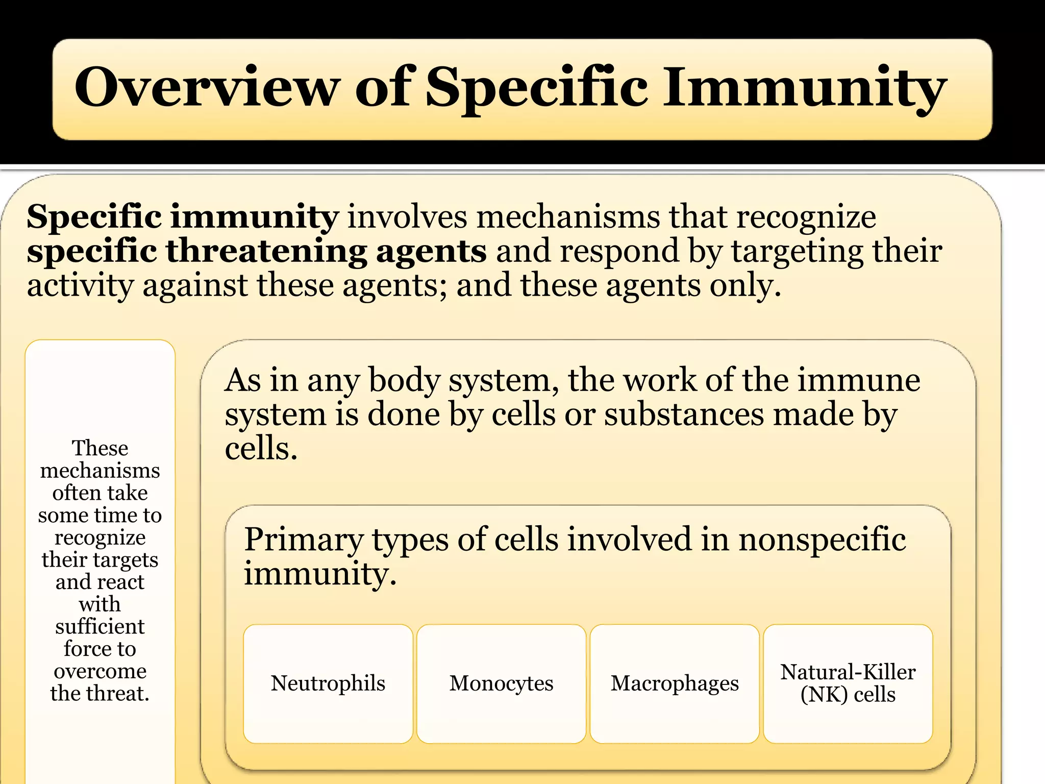 Overview of Specific Immunity
Specific immunity involves mechanisms that recognize
specific threatening agents and respond by targeting their
activity against these agents; and these agents only.
These
mechanisms
often take
some time to
recognize
their targets
and react
with
sufficient
force to
overcome
the threat.
As in any body system, the work of the immune
system is done by cells or substances made by
cells.
Primary types of cells involved in nonspecific
immunity.
Neutrophils Monocytes Macrophages
Natural-Killer
(NK) cells
 