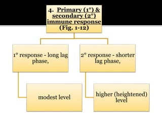 4. Primary (1°) &
secondary (2°)
immune response
(Fig. 1-12)
1° response - long lag
phase,
modest level
2° response - shorter
lag phase,
higher (heightened)
level
 