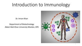 Introduction to Immunology
Dr. Imran Khan
Department of Biotechnology
Abdul Wali Khan University Mardan, KPK
1
 