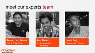 meet our experts team
Ganesh Hari Behera Anuj Tiwari Harshit Soni
Co- Founder & VP
Marketing
Creative ART DirectorCEO & FOUNDER
 