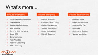 What’s more....
o Search Engine Optimisation
o Social Media
o Conversion Optimisation
o Link Building
o Pay Per Click Marketing
o Local SEO
o Email Marketing
o Web Analytics
o Website Copywriting
o Video Marketing
o Website Branding
o Custom & Clean Coding
o Content Management
o Website Optimization
o Speed Optimization
o UI & UX Designing
o Custom Coding
o Robust Infrastructure
o Optimized for Web
o Innovative
o eCommerce Solution
o Website Monitoring
Website designing Website developmentInbound marketing
 