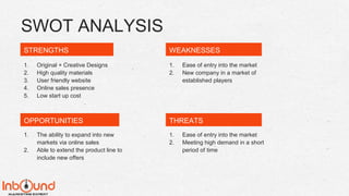 SWOT ANALYSIS
1. Original + Creative Designs
2. High quality materials
3. User friendly website
4. Online sales presence
5. Low start up cost
1. Ease of entry into the market
2. New company in a market of
established players
1. The ability to expand into new
markets via online sales
2. Able to extend the product line to
include new offers
1. Ease of entry into the market
2. Meeting high demand in a short
period of time
STRENGTHS WEAKNESSES
OPPORTUNITIES THREATS
 
