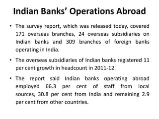 Indian Banks’ Operations Abroad
• The survey report, which was released today, covered
171 overseas branches, 24 overseas subsidiaries on
Indian banks and 309 branches of foreign banks
operating in India.
• The overseas subsidiaries of Indian banks registered 11
per cent growth in headcount in 2011-12.
• The report said Indian banks operating abroad
employed 66.3 per cent of staff from local
sources, 30.8 per cent from India and remaining 2.9
per cent from other countries.

 