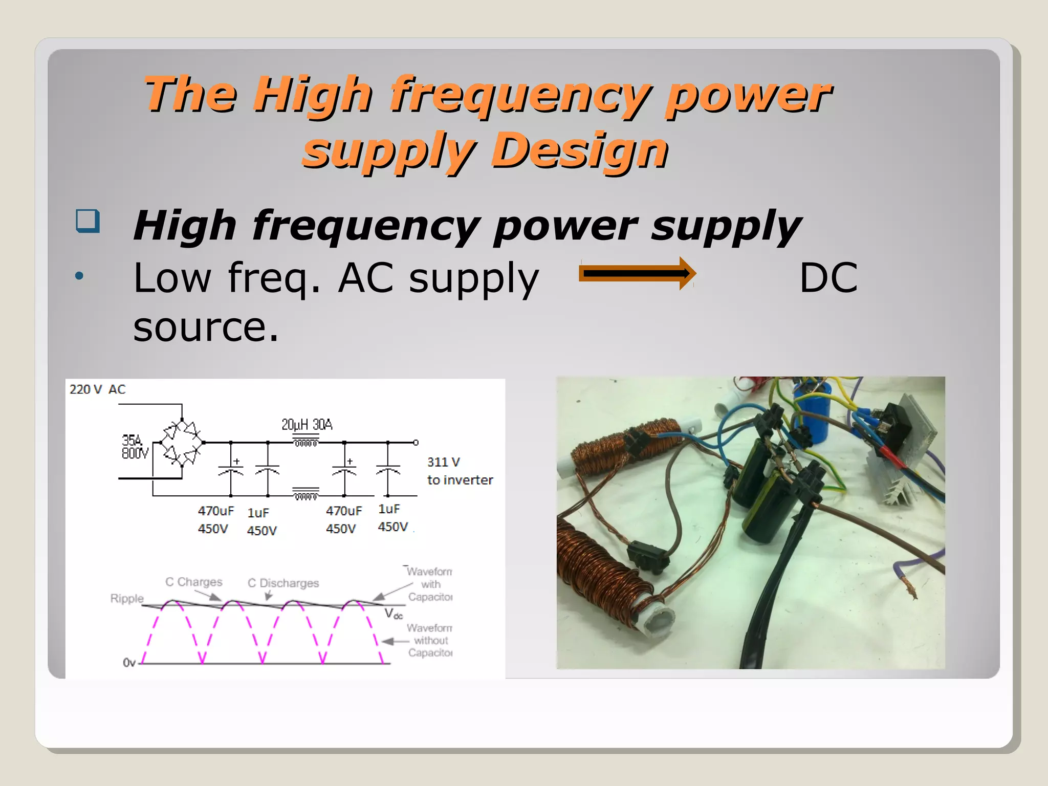 The High frequency powerThe High frequency power
supply Designsupply Design
 High frequency power supply
• Low freq. AC supply DC
source.
 