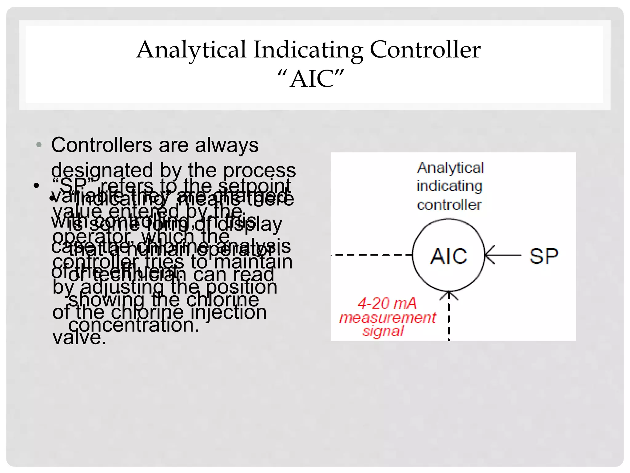 • Controllers are always
designated by the process
variable they are charged
with controlling, in this
case the chlorine analysis
of the effluent.
• “Indicating” means there
is some form of display
that a human operator
or technician can read
showing the chlorine
concentration.
• “SP” refers to the setpoint
value entered by the
operator, which the
controller tries to maintain
by adjusting the position
of the chlorine injection
valve.
Analytical Indicating Controller
“AIC”
 
