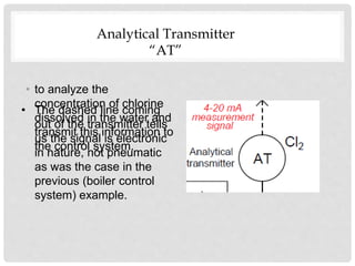 • to analyze the
concentration of chlorine
dissolved in the water and
transmit this information to
the control system.
• The dashed line coming
out of the transmitter tells
us the signal is electronic
in nature, not pneumatic
as was the case in the
previous (boiler control
system) example.
Analytical Transmitter
“AT”
 