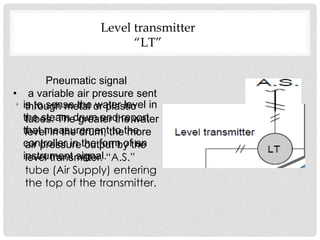• is to sense the water level in
the steam drum and report
that measurement to the
controller in the form of an
instrument signal.
Pneumatic signal
• a variable air pressure sent
through metal or plastic
tubes. The greater the water
level in the drum, the more
air pressure output by the
level transmitter. “A.S.”
tube (Air Supply) entering
the top of the transmitter.
Level transmitter
“LT”
 