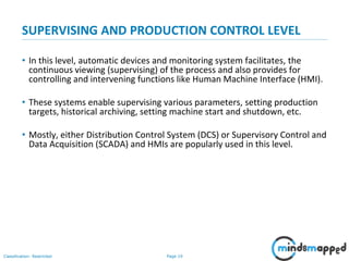Page 19Classification: Restricted
SUPERVISING AND PRODUCTION CONTROL LEVEL
• In this level, automatic devices and monitoring system facilitates, the
continuous viewing (supervising) of the process and also provides for
controlling and intervening functions like Human Machine Interface (HMI).
• These systems enable supervising various parameters, setting production
targets, historical archiving, setting machine start and shutdown, etc.
• Mostly, either Distribution Control System (DCS) or Supervisory Control and
Data Acquisition (SCADA) and HMIs are popularly used in this level.
 