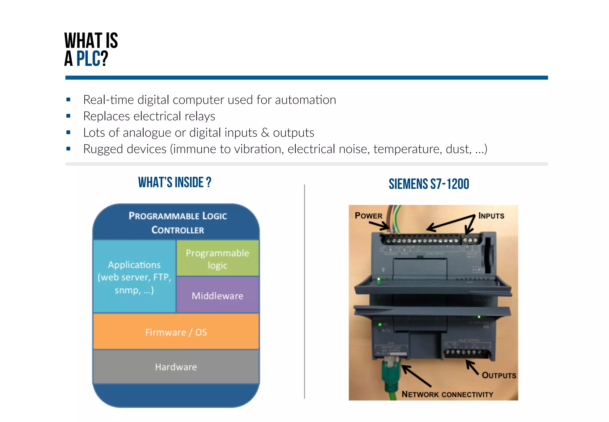 What is 
A PLC? 
§ Real-­‐+me digital computer used for automa+on 
§ Replaces electrical relays 
§ Lots of analogue or digital inputs & outputs 
§ Rugged devices (immune to vibra+on, electrical noise, temperature, dust, …) 
What’s inside ? Siemens S7-1200 
 