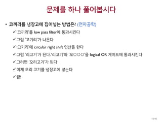 문제를 하나 풀어봅시다
• 코끼리를 냉장고에 집어넣는 방법은? (전자공학)
‘코끼리’를 low pass filter에 통과시킨다
그럼 ‘고기리’가 나온다
‘고기리’에 circular right shift 연산을 한다
그럼 ‘리고기’가 된다.‘리고기’와 ‘오○○○’을 logical OR 게이트에 통과시킨다
그러면 ‘오리고기’가 된다
이제 오리 고기를 냉장고에 넣는다
끝!
10/45
 