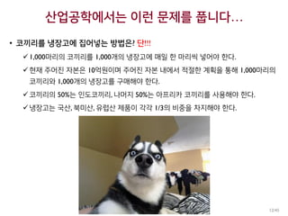 산업공학에서는 이런 문제를 풉니다…
• 코끼리를 냉장고에 집어넣는 방법은? 단!!!
1,000마리의 코끼리를 1,000개의 냉장고에 매일 한 마리씩 넣어야 한다.
현재 주어진 자본은 10억원이며 주어진 자본 내에서 적절한 계획을 통해 1,000마리의
코끼리와 1,000개의 냉장고를 구매해야 한다.
코끼리의 50%는 인도코끼리, 나머지 50%는 아프리카 코끼리를 사용해야 한다.
냉장고는 국산, 북미산, 유럽산 제품이 각각 1/3의 비중을 차지해야 한다.
12/45
 