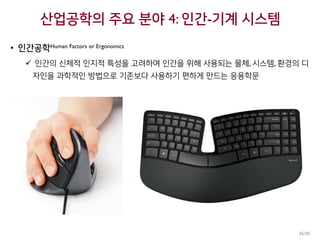 산업공학의 주요 분야 4: 인간-기계 시스템
• 인간공학Human Factors or Ergonomics
 인간의 신체적 인지적 특성을 고려하여 인간을 위해 사용되는 물체, 시스템, 환경의 디
자인을 과학적인 방법으로 기존보다 사용하기 편하게 만드는 응용학문
35/45
 