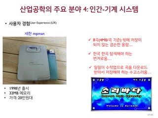 산업공학의 주요 분야 4: 인간-기계 시스템
• 사용자 경험User Experience (UX)
새한 mpman
• 1998년 출시
• 32MB 메모리
• 가격: 20만원대
 8곡(4MB/곡 기준) 밖에 저장이
되지 않는 겸손한 용량…
 한곡 한곡 탐색해야 하는
번거로움…
 일일이 수작업으로 곡을 다운로드
받아서 저장해야 하는 수고스러움…
37/45
 