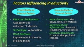 Prof. Shital Patel
Factors Influencing Productivity
• Plant and Equipments:
Availability and
reduction of idle time
• Technology: Automation
• Work Methods:
Improvement in the way
of doing things
Introduction to Industrial Engg. 39
• Natural resources: Man
power, land , raw material
• Government and
Infrastructure: Rules and
regulations, various policies
• Structural adjustments:
Economic change, Social
changes
 