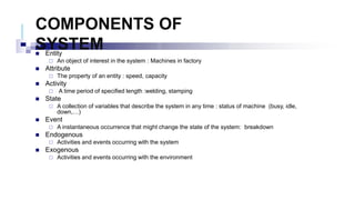 COMPONENTS OF
SYSTEM
 Entity
 An object of interest in the system : Machines in factory
 Attribute
 The property of an entity : speed, capacity
 Activity
 A time period of specified length :welding, stamping
 State
 A collection of variables that describe the system in any time : status of machine (busy, idle,
down,…)
 Event
 A instantaneous occurrence that might change the state of the system: breakdown
 Endogenous
 Activities and events occurring with the system
 Exogenous
 Activities and events occurring with the environment
 