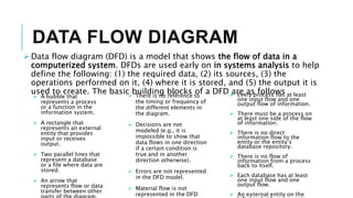 DATA FLOW DIAGRAM
 Data flow diagram (DFD) is a model that shows the flow of data in a
computerized system. DFDs are used early on in systems analysis to help
define the following: (1) the required data, (2) its sources, (3) the
operations performed on it, (4) where it is stored, and (5) the output it is
used to create. The basic building blocks of a DFD are as follows
 A bubble that
represents a process
or a function in the
information system.
 A rectangle that
represents an external
entity that provides
input or receives
output.
 Two parallel lines that
represent a database
or a file where data are
stored.
 An arrow that
represents flow or data
transfer between other
 There is no reference to
the timing or frequency of
the different elements in
the diagram.
 Decisions are not
modeled (e.g., it is
impossible to show that
data flows in one direction
if a certain condition is
true and in another
direction otherwise).
 Errors are not represented
in the DFD model.
 Material flow is not
represented in the DFD
 Every process has at least
one input flow and one
output flow of information.
 There must be a process on
at least one side of the flow
of information.
 There is no direct
information flow to the
entity or the entity’s
database repository.
 There is no flow of
information from a process
back to itself.
 Each database has at least
one input flow and one
output flow.
 An external entity on the
 