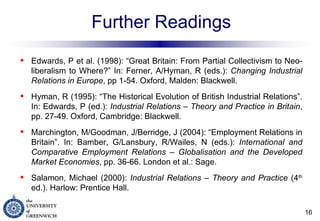 Further Readings Edwards, P et al. (1998): “Great Britain: From Partial Collectivism to Neo-liberalism to Where?” In: Ferner, A/Hyman, R (eds.):  Changing Industrial Relations in Europe , pp 1-54. Oxford, Malden: Blackwell. Hyman, R (1995): “The Historical Evolution of British Industrial Relations”. In: Edwards, P (ed.):  Industrial Relations – Theory and Practice in Britain , pp. 27-49. Oxford, Cambridge: Blackwell. Marchington, M/Goodman, J/Berridge, J (2004): “Employment Relations in Britain”. In: Bamber, G/Lansbury, R/Wailes, N (eds.):  International and Comparative Employment Relations – Globalisation and the Developed Market Economies , pp. 36-66. London et al.: Sage.  Salamon, Michael (2000):  Industrial Relations – Theory and Practice  (4 th  ed.). Harlow: Prentice Hall. 