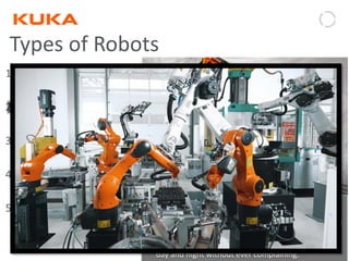 Page: 13Introduction to Industrial Robotics| Vipin K, Pawankumar G| 08-05-2020| www.kuka.com
Types of Robots
1) Mobile robots.
2) Industrial robots
3) Autonomous robots
4) Remote-controlled robots.
5) Virtual robots.
• Most of these robots perform repeating tasks
without ever moving.
• Most robots are working in industries. Especially dull
and repeating tasks are suitable for robots.
• A robot never grows tired; it will perform its duty
day and night without ever complaining.
 