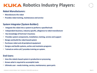 Page: 38Introduction to Industrial Robotics| Vipin K, Pawankumar G| 08-05-2020| www.kuka.com
Robotics Industry Players:
Robot Manufacturers:
• Manufactures the robot
• Provides robot training, maintenance and service
System Integrator [System Builder]:
• Integrate the robot into a system to perform a specified task
• Independent business, industry specific, allegiance to robot manufacturer
• Has knowledge of End User’s business
• Provides system components, installation, training, service and support
• Design and build the robot based system
• Purchases robot and all peripheral equipment
• Designs and builds systems, writes and maintains programs
• Trained on entire cell / provides training on system.
End Users:
• Uses the robotic based system in production or processing
• Knows what is required to accomplish tasks
• Ultimate user - needs training, service, maintenance, spare parts
 