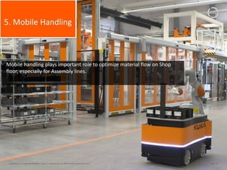 Page: 52Introduction to Industrial Robotics| Vipin K, Pawankumar G| 08-05-2020| www.kuka.com
5. Mobile Handling
• Mobile handling plays important role to optimize material flow on Shop
floor, especially for Assembly lines.
 
