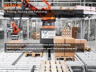 Page: 53Introduction to Industrial Robotics| Vipin K, Pawankumar G| 08-05-2020| www.kuka.com
6. Picking, Packing and Palletizing
• Most products are handled multiple times prior to final shipping.
• Robotic picking and packaging increases speed and accuracy along with
lowering production costs.
 
