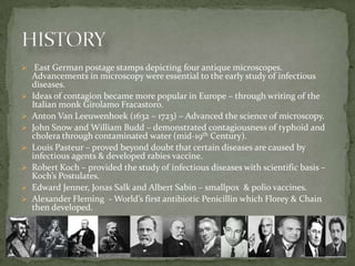  East German postage stamps depicting four antique microscopes.
    Advancements in microscopy were essential to the early study of infectious
    diseases.
   Ideas of contagion became more popular in Europe – through writing of the
    Italian monk Girolamo Fracastoro.
   Anton Van Leeuwenhoek (1632 – 1723) – Advanced the science of microscopy.
   John Snow and William Budd – demonstrated contagiousness of typhoid and
    cholera through contaminated water (mid-19th Century).
   Louis Pasteur – proved beyond doubt that certain diseases are caused by
    infectious agents & developed rabies vaccine.
   Robert Koch – provided the study of infectious diseases with scientific basis –
    Koch’s Postulates.
   Edward Jenner, Jonas Salk and Albert Sabin – smallpox & polio vaccines.
   Alexander Fleming - World’s first antibiotic Penicillin which Florey & Chain
    then developed.
 