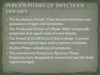  The Incubation Period : Time between infection and
    appearance of signs and symptoms.
   The Prodromal Period (or) Phase: Mild, nonspecific
    symptoms that signal onset of some disease.
   The Period of ILLNESS (or)Clinical phase: A person
    experiences typical signs and symptoms of disease
   Decline Phase: subsidence of symptoms.
   The convalescent Period (or) Recovery Phase:
    Symptoms have disappeared, tissues heal and the body
    regains strength.
 