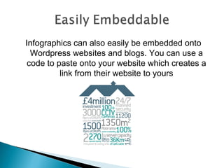Infographics can also easily be embedded onto
  Wordpress websites and blogs. You can use a
 code to paste onto your website which creates a
          link from their website to yours
 