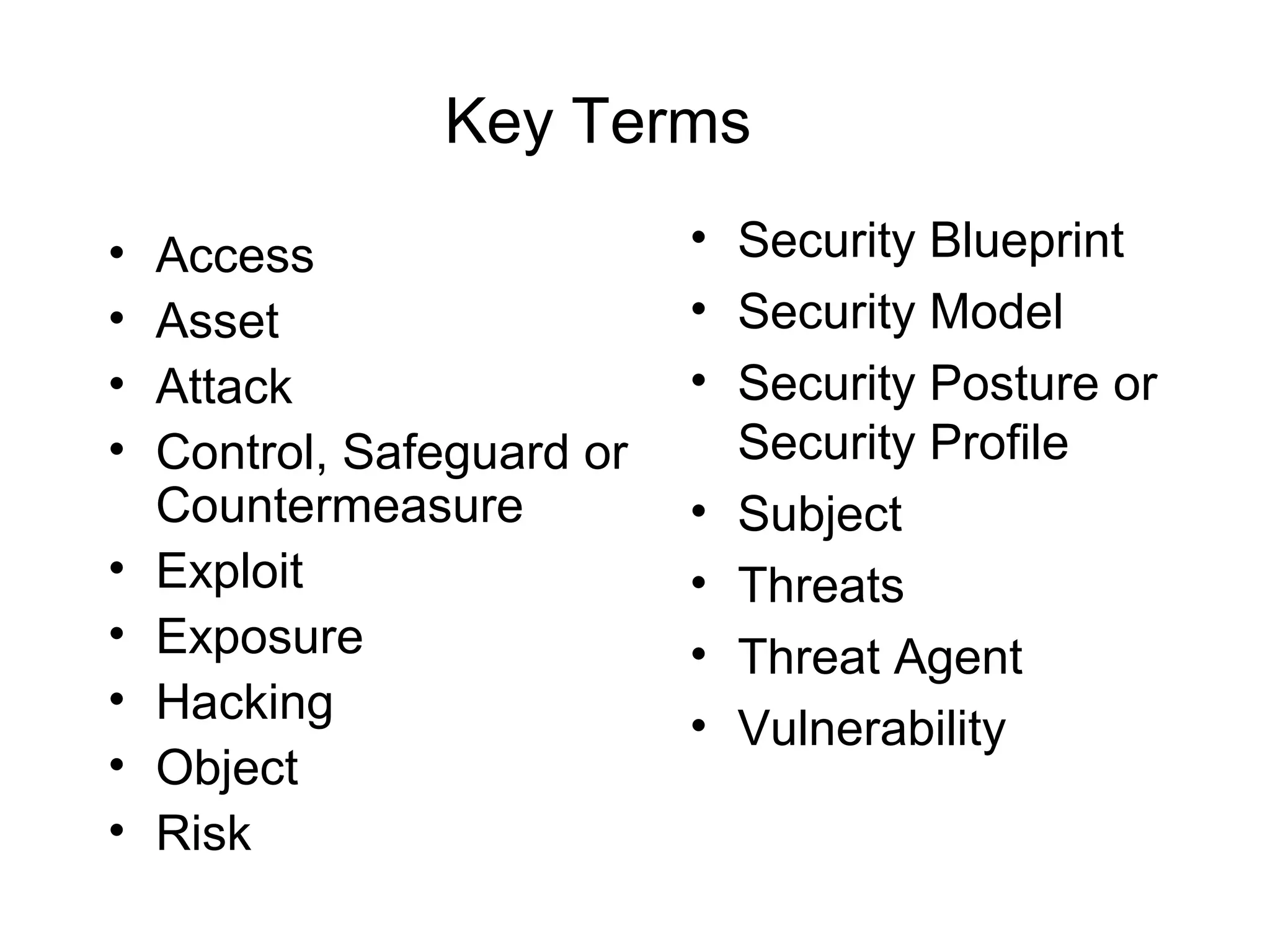 Key Terms
• Access
• Asset
• Attack
• Control, Safeguard or
Countermeasure
• Exploit
• Exposure
• Hacking
• Object
• Risk
• Security Blueprint
• Security Model
• Security Posture or
Security Profile
• Subject
• Threats
• Threat Agent
• Vulnerability
 