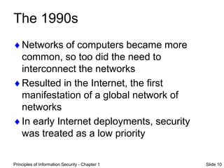 Principles of Information Security - Chapter 1 Slide 10
The 1990s
Networks of computers became more
common, so too did the need to
interconnect the networks
Resulted in the Internet, the first
manifestation of a global network of
networks
In early Internet deployments, security
was treated as a low priority
 