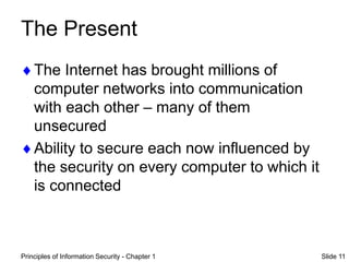 Principles of Information Security - Chapter 1 Slide 11
The Present
The Internet has brought millions of
computer networks into communication
with each other – many of them
unsecured
Ability to secure each now influenced by
the security on every computer to which it
is connected
 