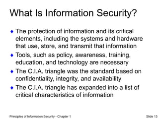 Principles of Information Security - Chapter 1 Slide 13
What Is Information Security?
 The protection of information and its critical
elements, including the systems and hardware
that use, store, and transmit that information
 Tools, such as policy, awareness, training,
education, and technology are necessary
 The C.I.A. triangle was the standard based on
confidentiality, integrity, and availability
 The C.I.A. triangle has expanded into a list of
critical characteristics of information
 