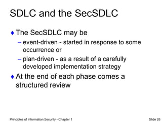 Principles of Information Security - Chapter 1 Slide 26
SDLC and the SecSDLC
The SecSDLC may be
– event-driven - started in response to some
occurrence or
– plan-driven - as a result of a carefully
developed implementation strategy
At the end of each phase comes a
structured review
 