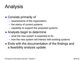 Principles of Information Security - Chapter 1 Slide 28
Analysis
 Consists primarily of
– assessments of the organization
– the status of current systems
– capability to support the proposed systems
 Analysts begin to determine
– what the new system is expected to do
– how the new system will interact with existing systems
 Ends with the documentation of the findings and
a feasibility analysis update
 